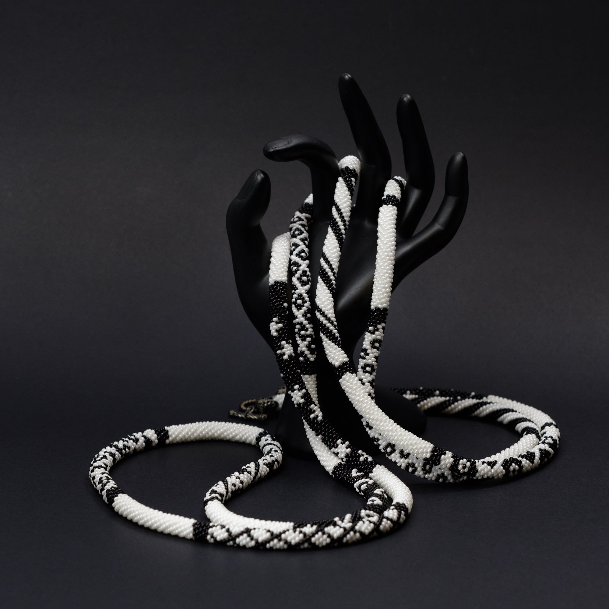 Beaded crochet necklace "Black and White Collage"