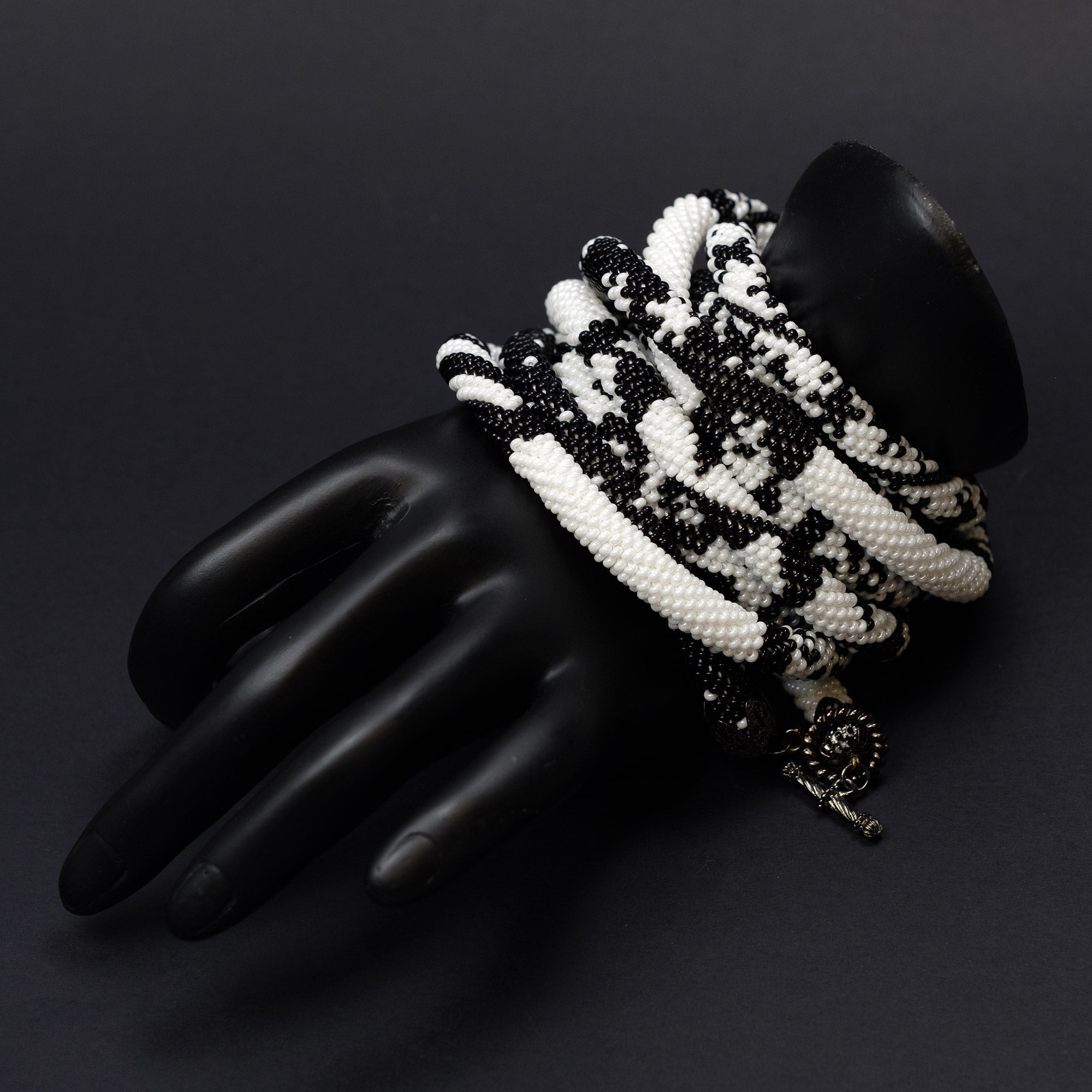 Beaded crochet necklace "Black and White Collage"