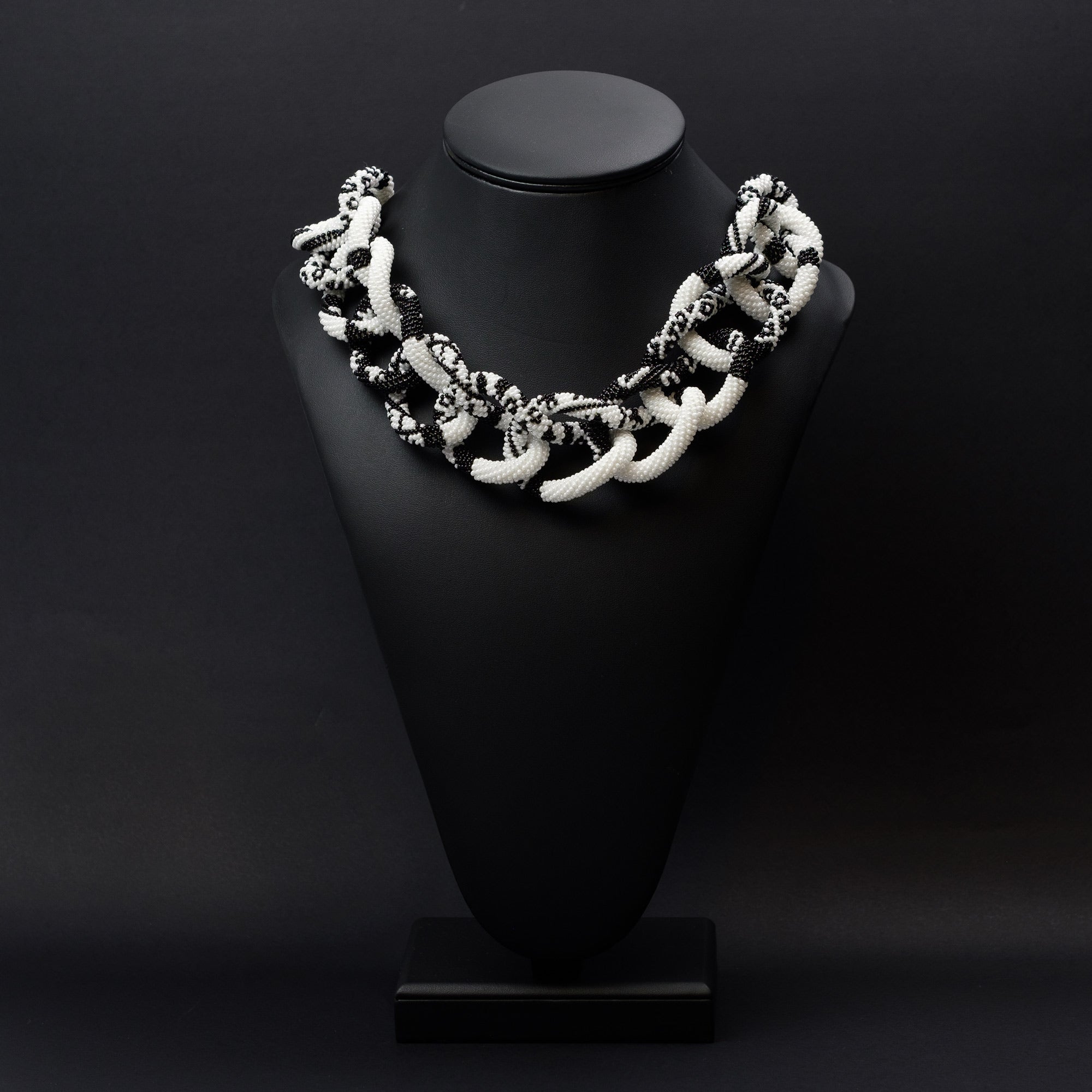 Beaded crochet necklace "Black and White Collage"