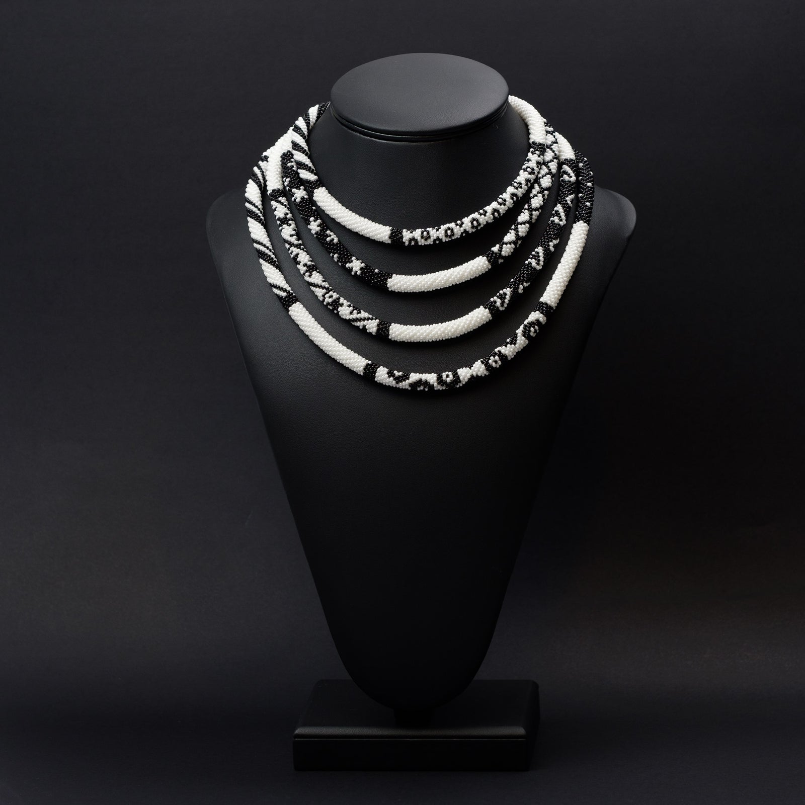 Beaded crochet necklace "Black and White Collage"